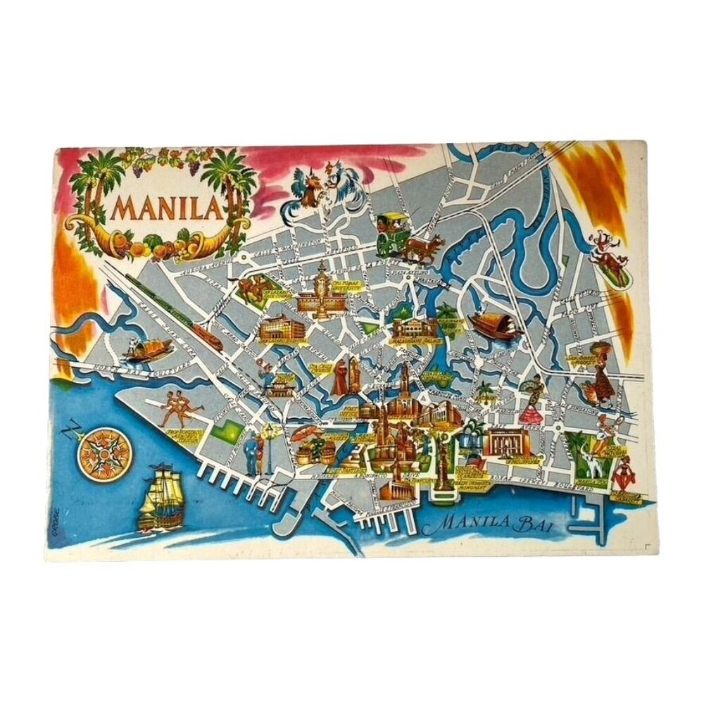 Vintage Manila Illustrated Map Postcard 1970s Souvenir Original